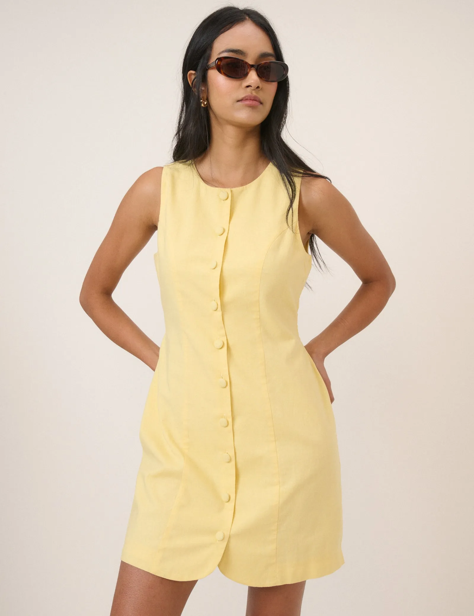Yellow Button Through Tailored Polly Mini Dress sold by Nobody's Child