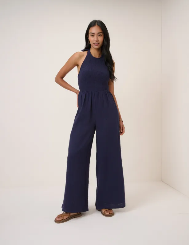 Navy Halter Neck Tizzy Jumpsuit sold by Nobody's Child