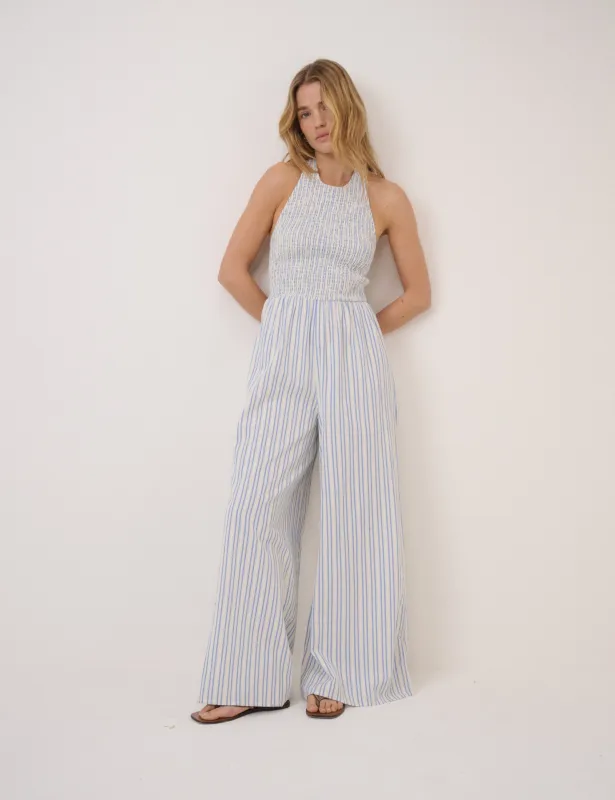 Blue Pinstripe Halter Neck Tizzy Jumpsuit sold by Nobody's Child