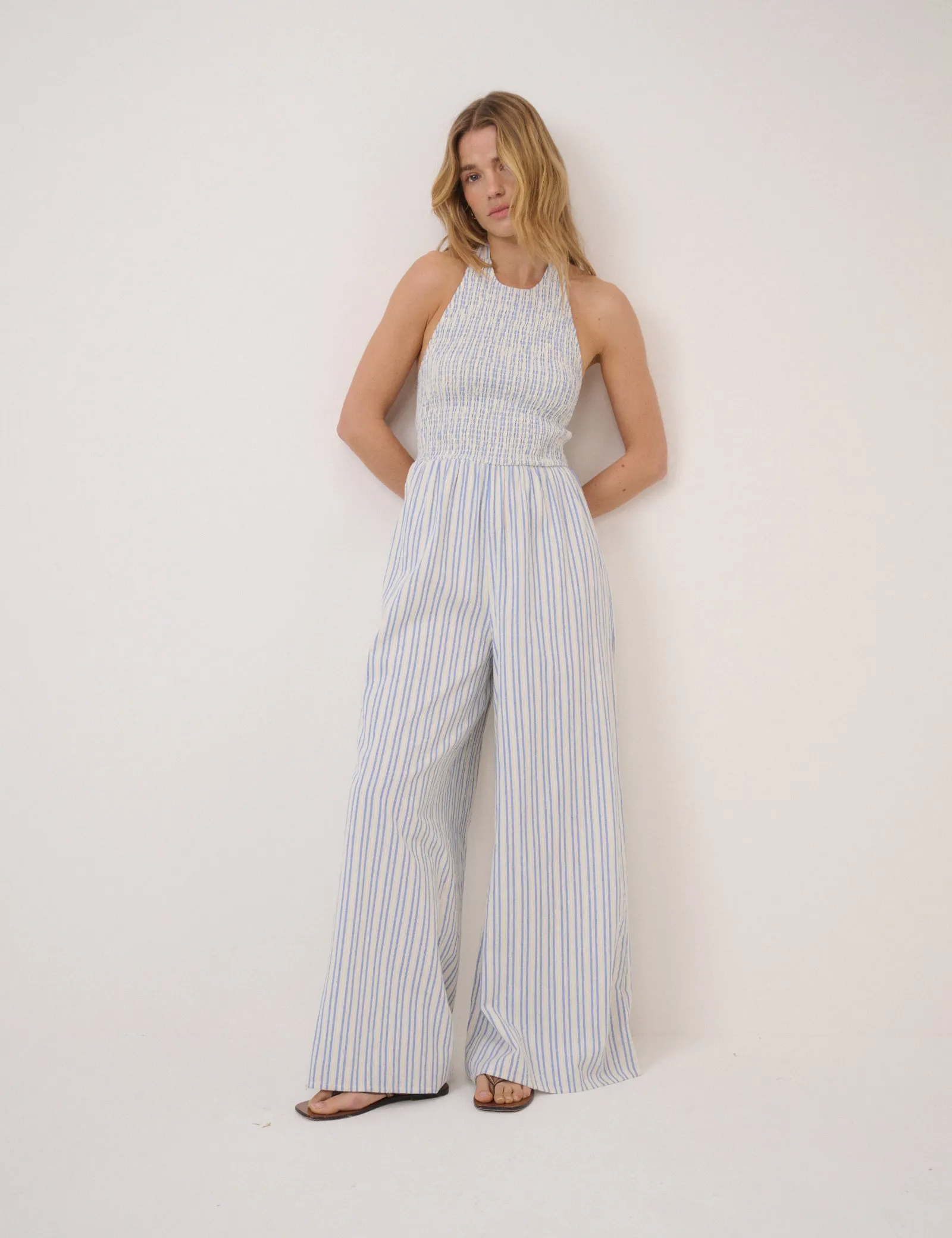 Blue Pinstripe Halter Neck Tizzy Jumpsuit sold by Nobody's Child