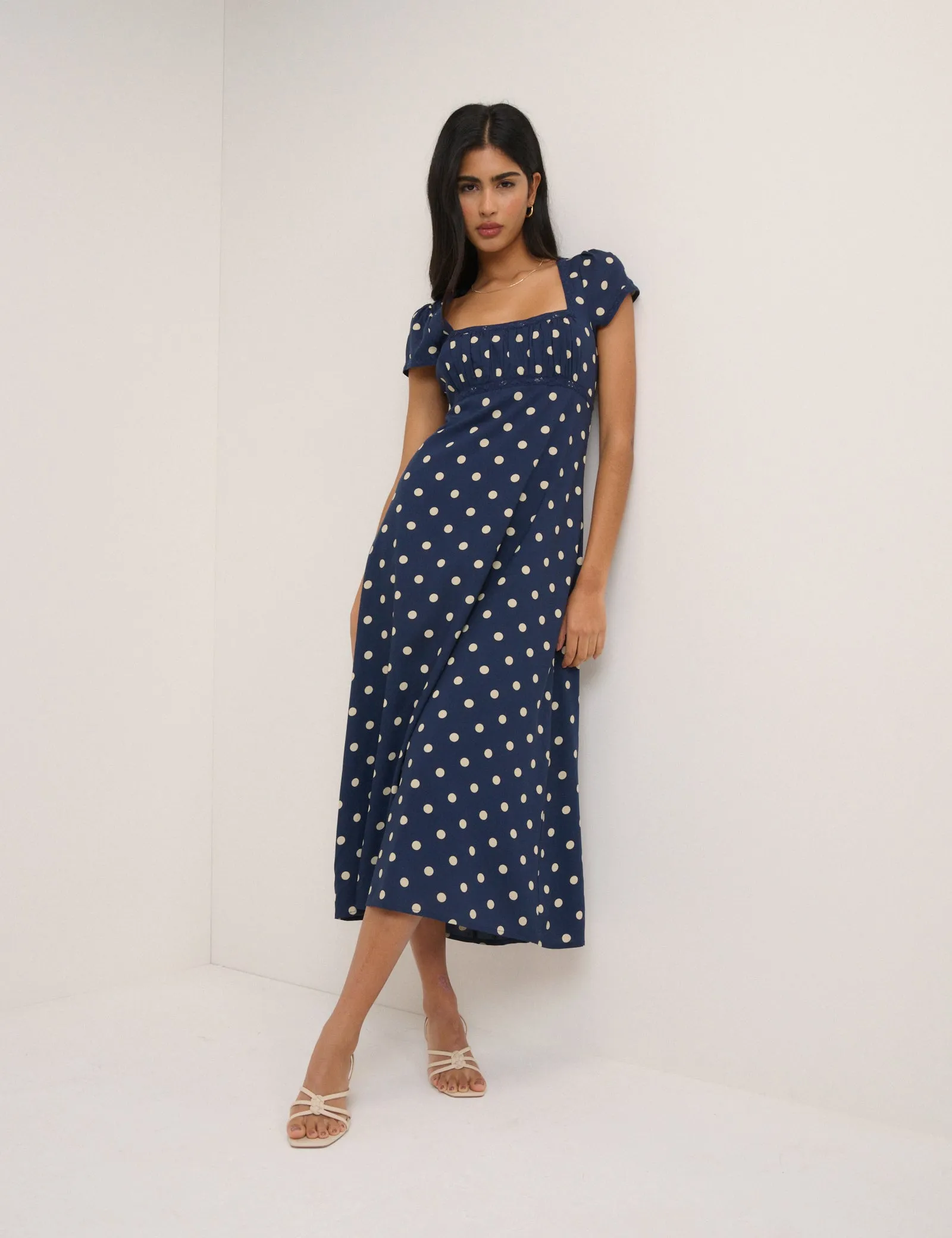 Navy Polka Dot Charlotte Midi Dress sold by Nobody's Child