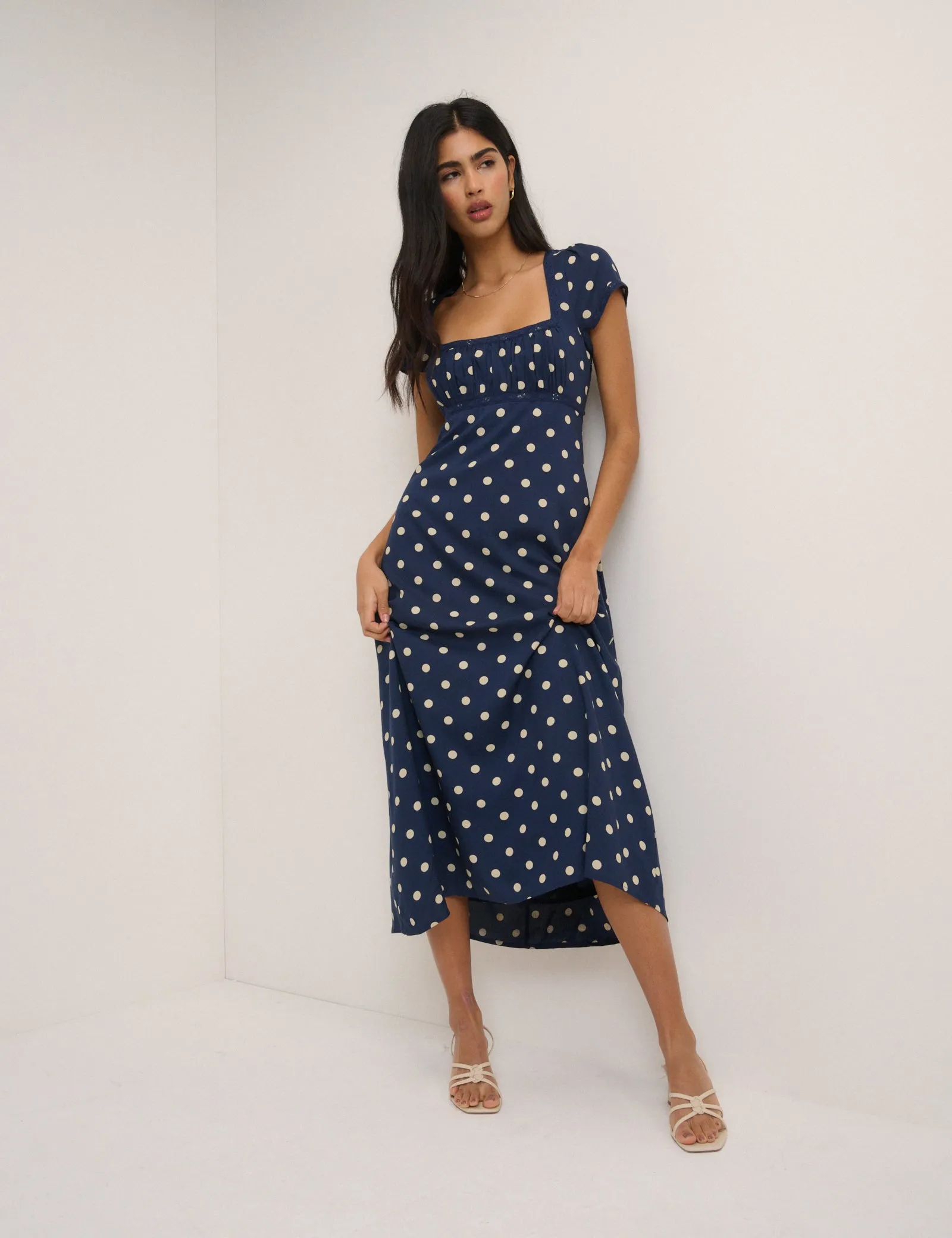 Navy Polka Dot Charlotte Midi Dress sold by Nobody's Child product image thumbnail 4