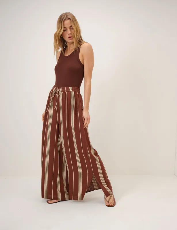 Brown Striped Linen-Rich Split Hem Trousers made by Nobody's Child