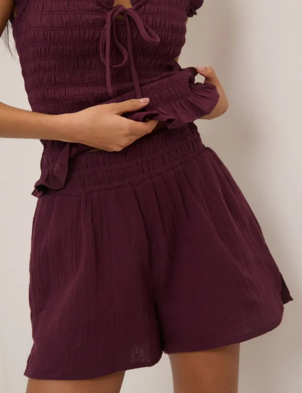 Plum Linen-Blend Elasticated Waist Shorts sold by Nobody's Child