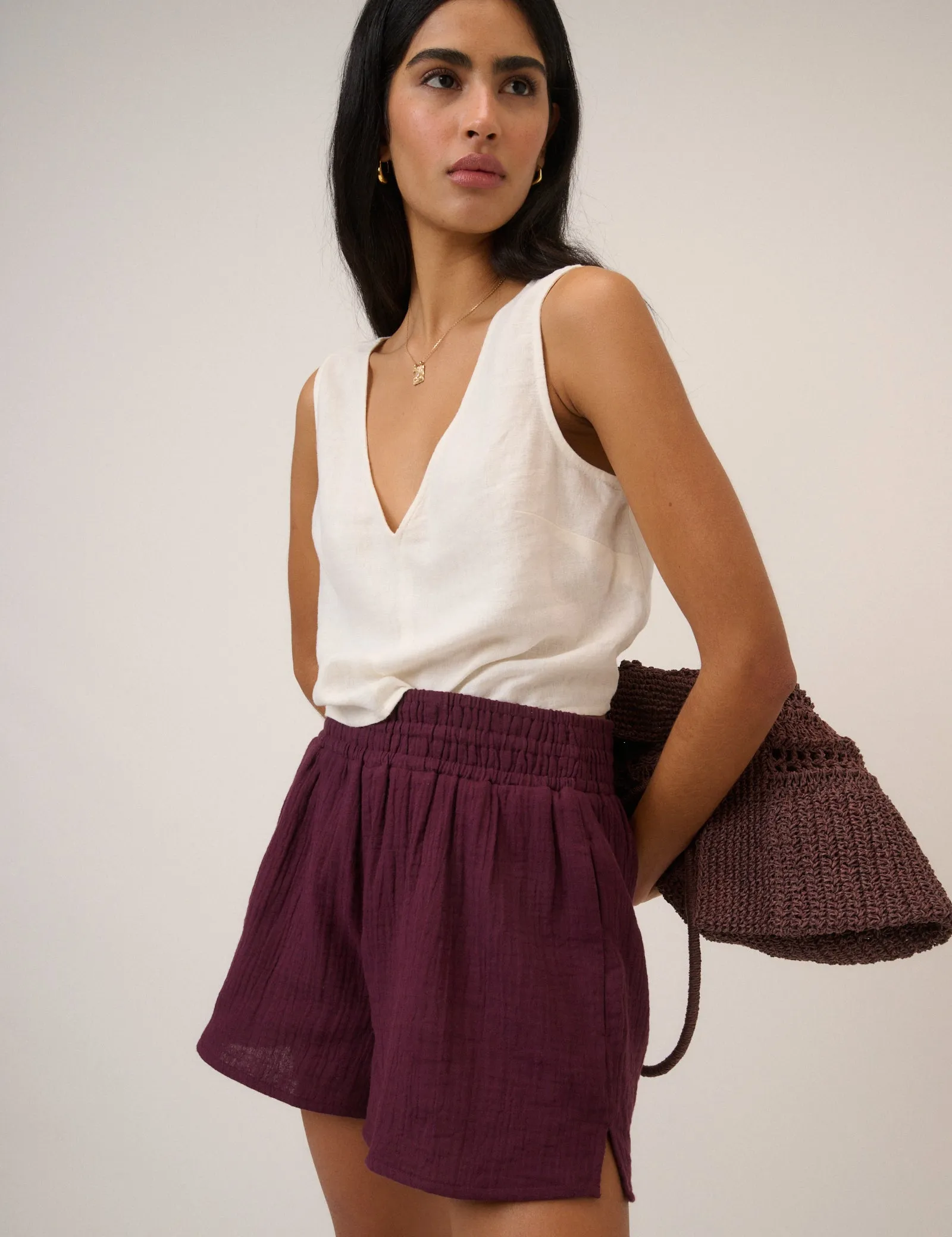 Plum Linen-Blend Elasticated Waist Shorts sold by Nobody's Child product image thumbnail 4