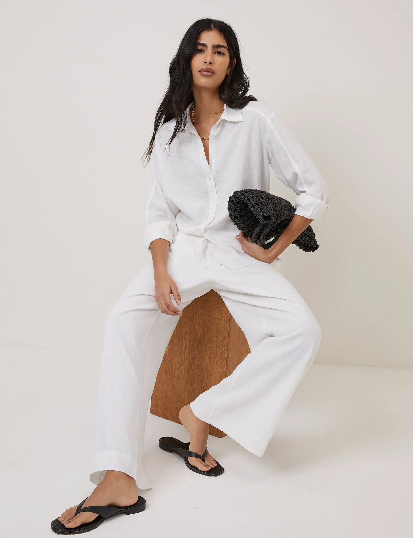 White Linen-Blend Low Waisted Straight Leg Trousers sold by Nobody's Child product image thumbnail 3