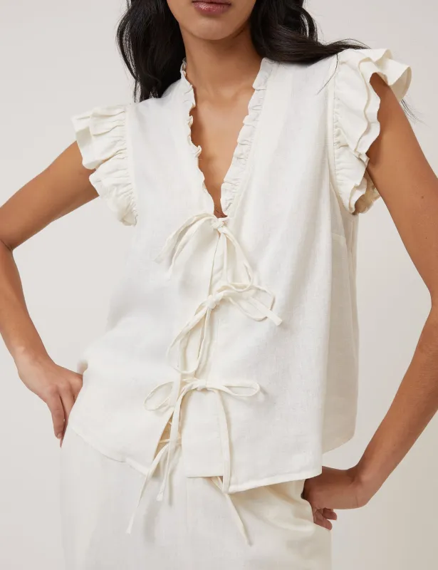 White Linen-Blend Ruffle Tie Front Top sold by Nobody's Child
