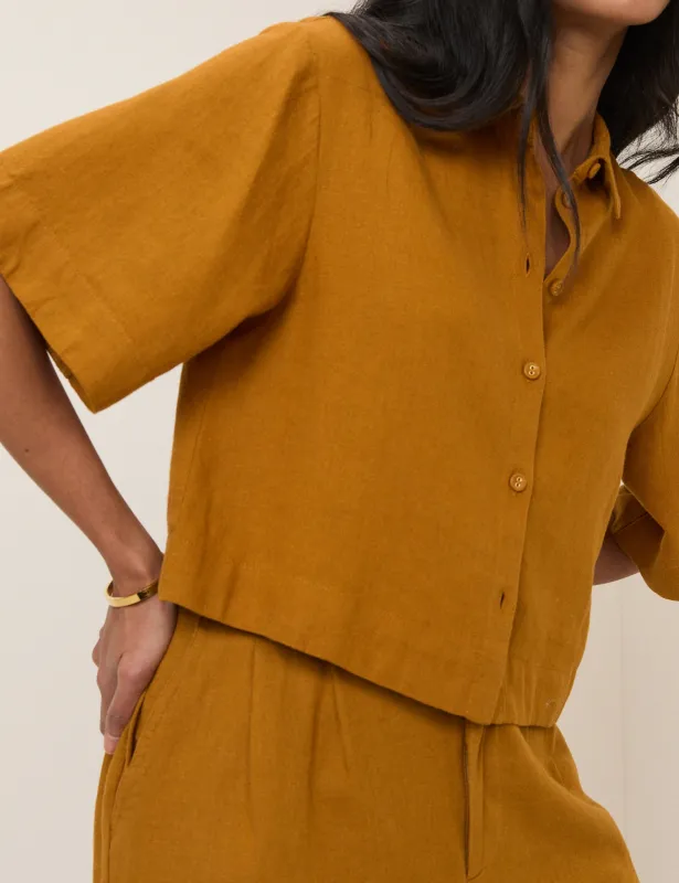 Orange Yellow Linen-Blend Cropped Shirt made by Nobody's Child