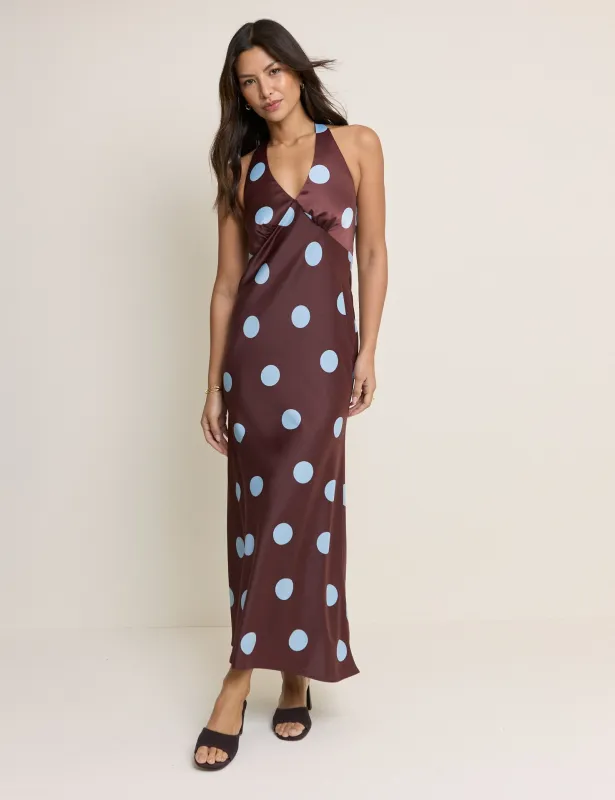 Brown Polka Dot Cali Halterneck Maxi Dress made by Nobody's Child