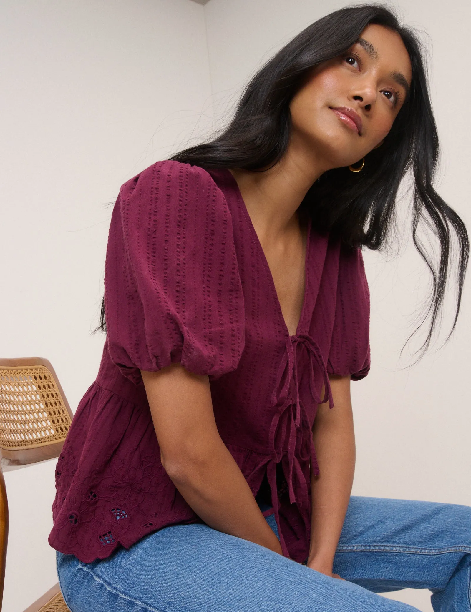 Burgundy Floral Broderie Anglaise Blouse sold by Nobody's Child product image thumbnail 3