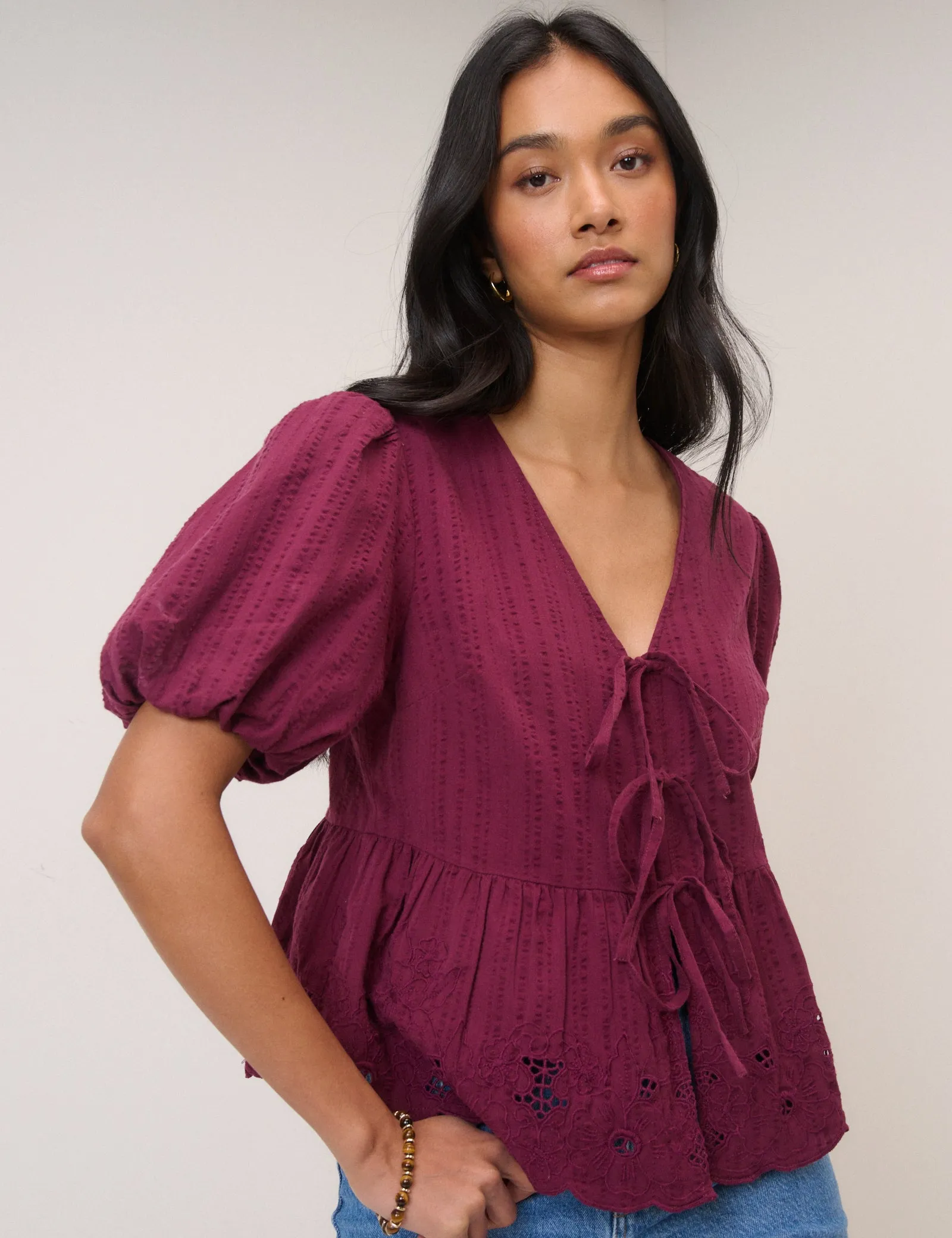 Burgundy Floral Broderie Anglaise Blouse sold by Nobody's Child