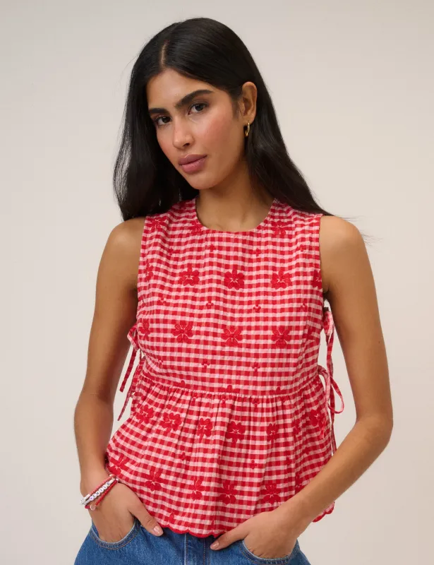 Red Gingham Sleeveless Tie Side Top sold by Nobody's Child