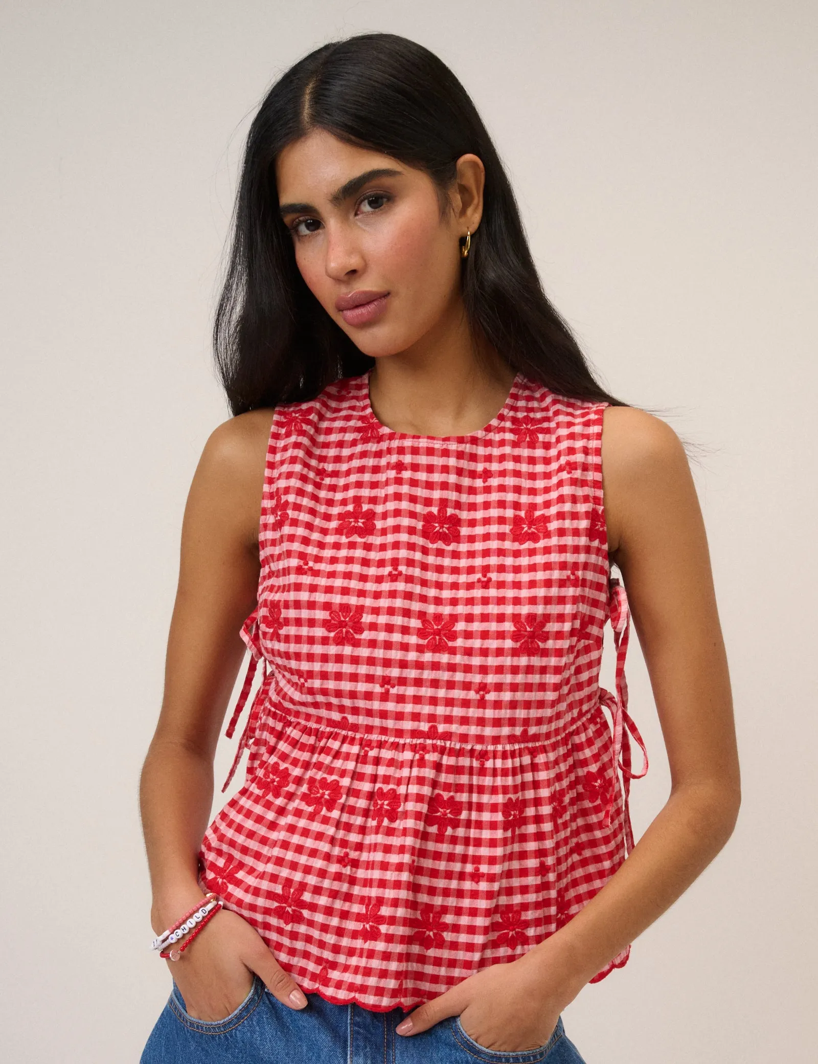 Red Gingham Sleeveless Tie Side Top sold by Nobody's Child