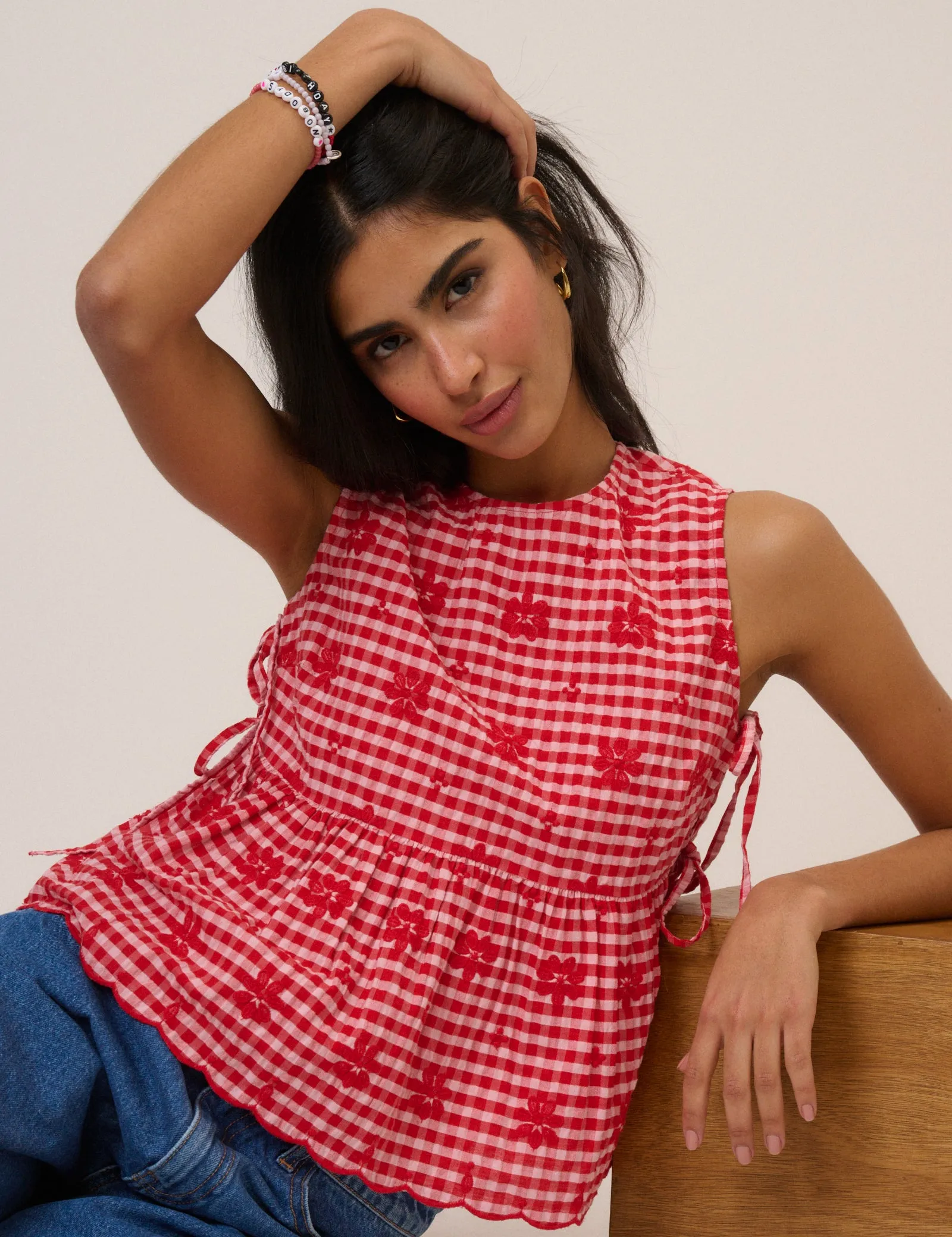 Red Gingham Sleeveless Tie Side Top sold by Nobody's Child product image thumbnail 5