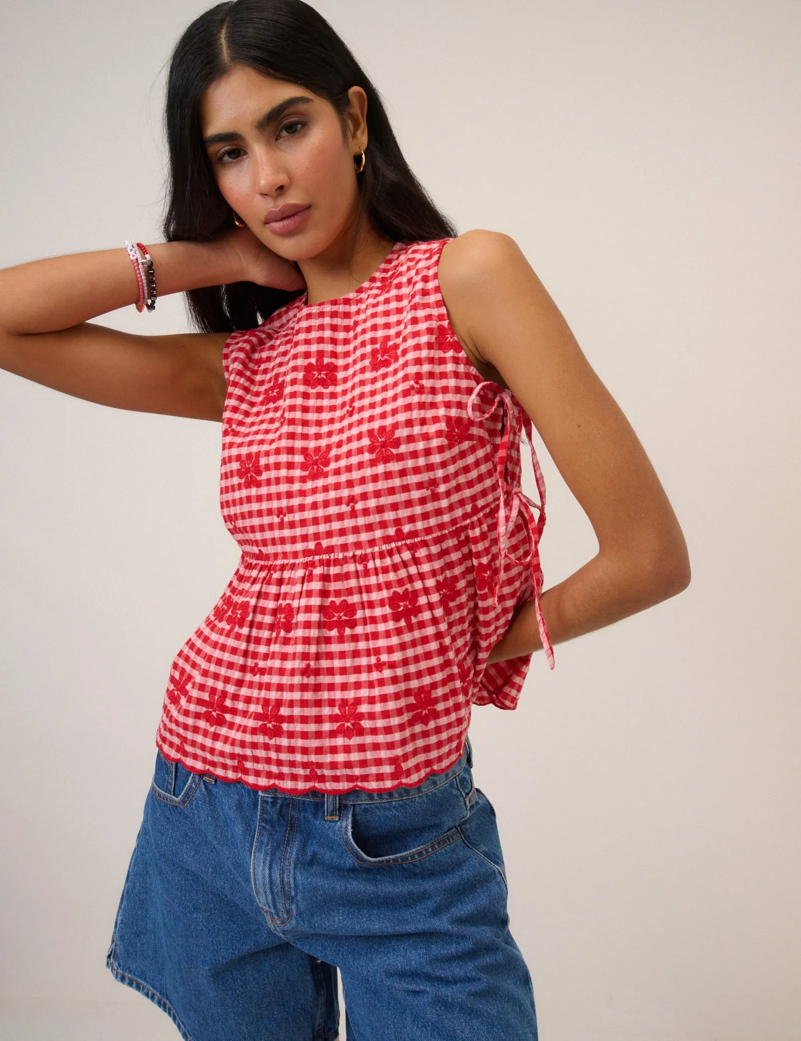 Red Gingham Sleeveless Tie Side Top sold by Nobody's Child product image thumbnail 3