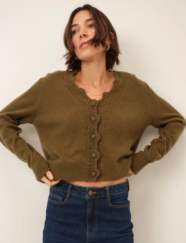 Khaki Wool Blend Crochet Trim V-Neck Cardigan made by Nobody's Child