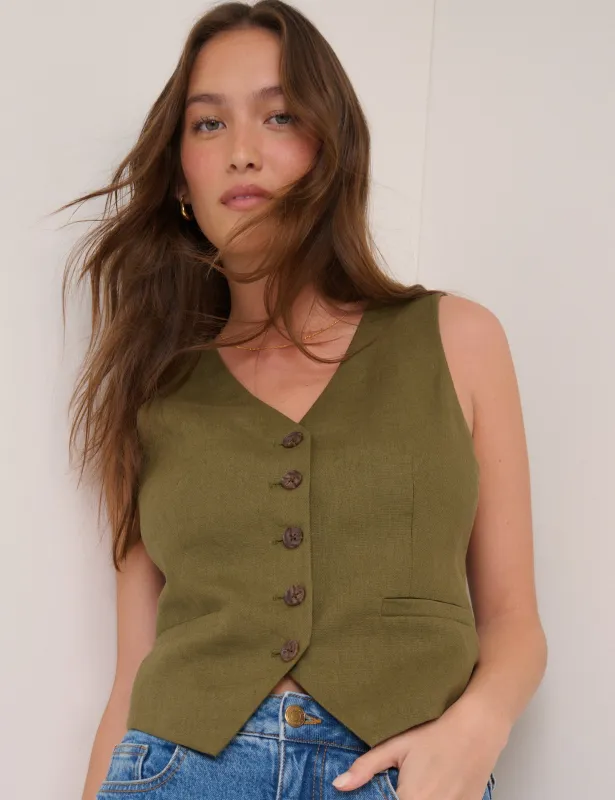 Khaki V-Neck Linen-Blend Waistcoat sold by Nobody's Child