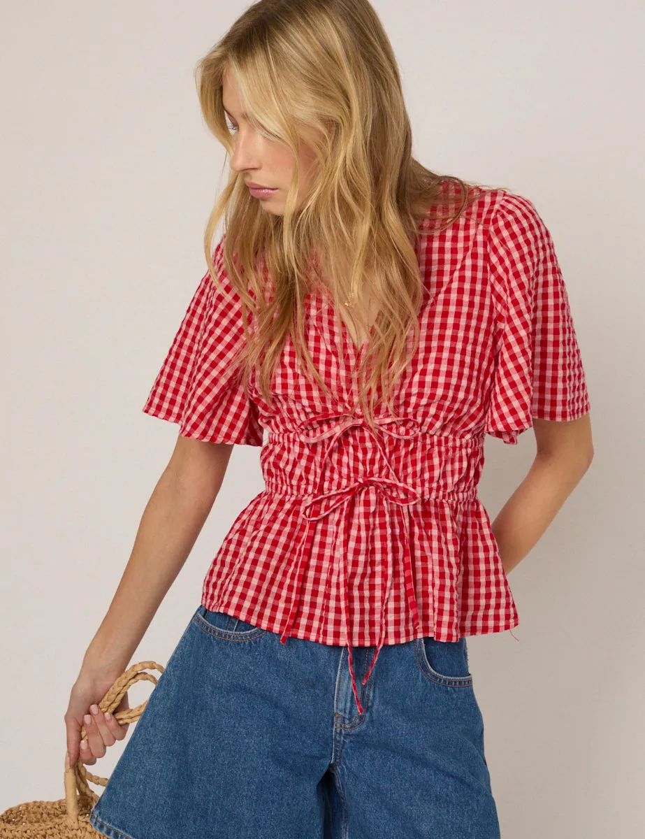 Red V Neck Gingham Cordelia Top sold by Nobody's Child
