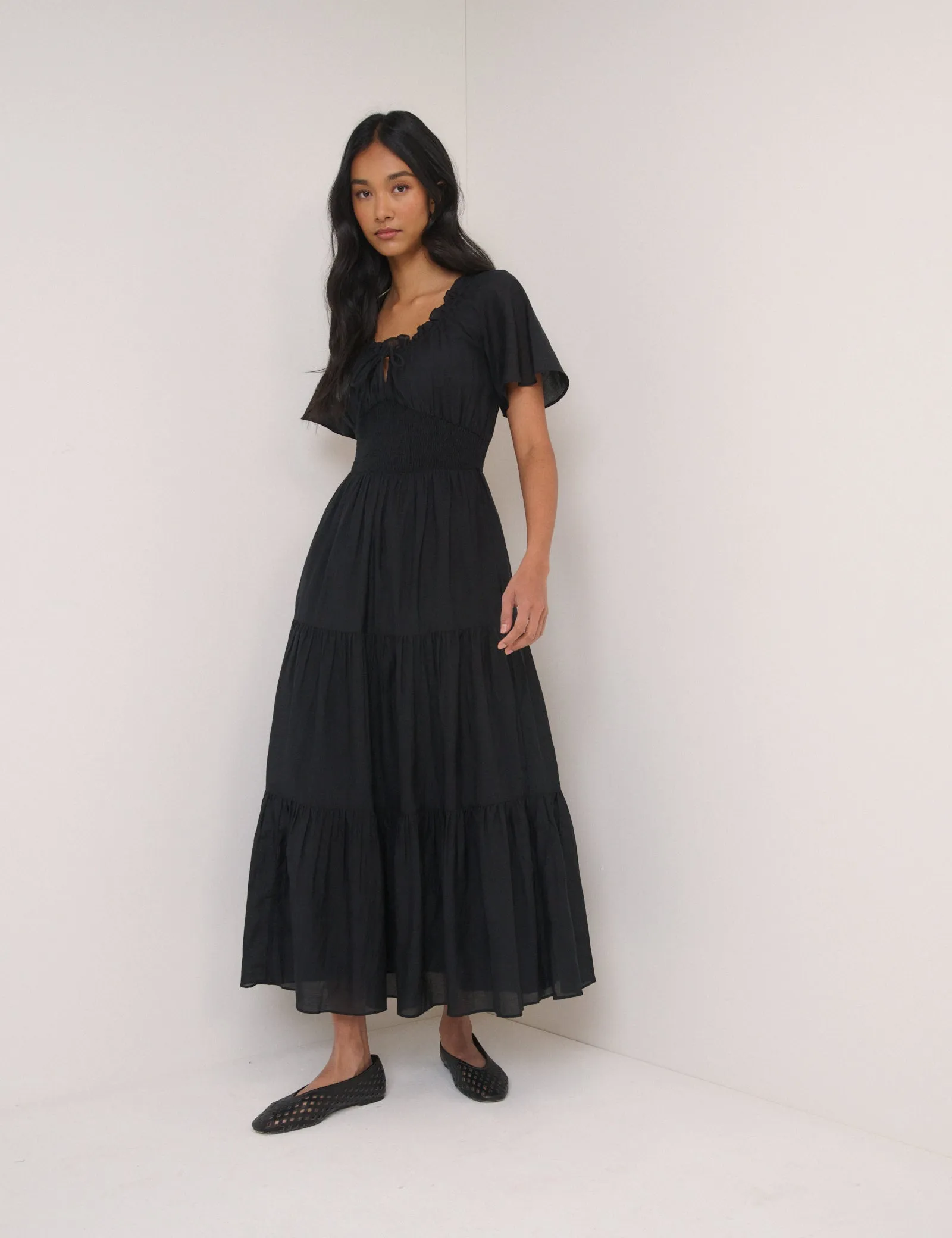 Black Tiered Caliope Midi Dress sold by Nobody's Child