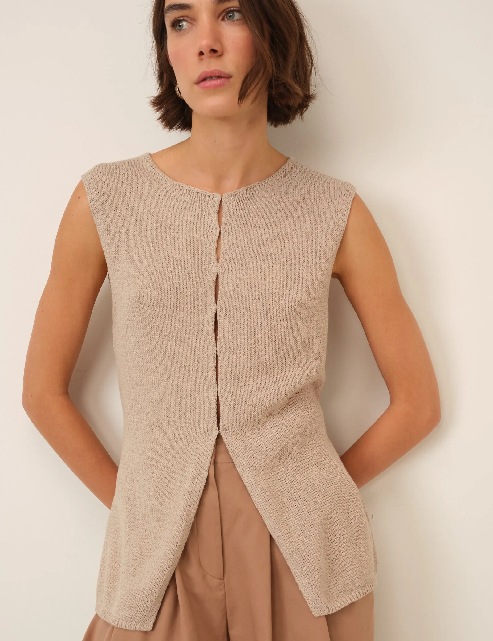 Beige Long Line Knitted Waistcoat sold by Nobody's Child