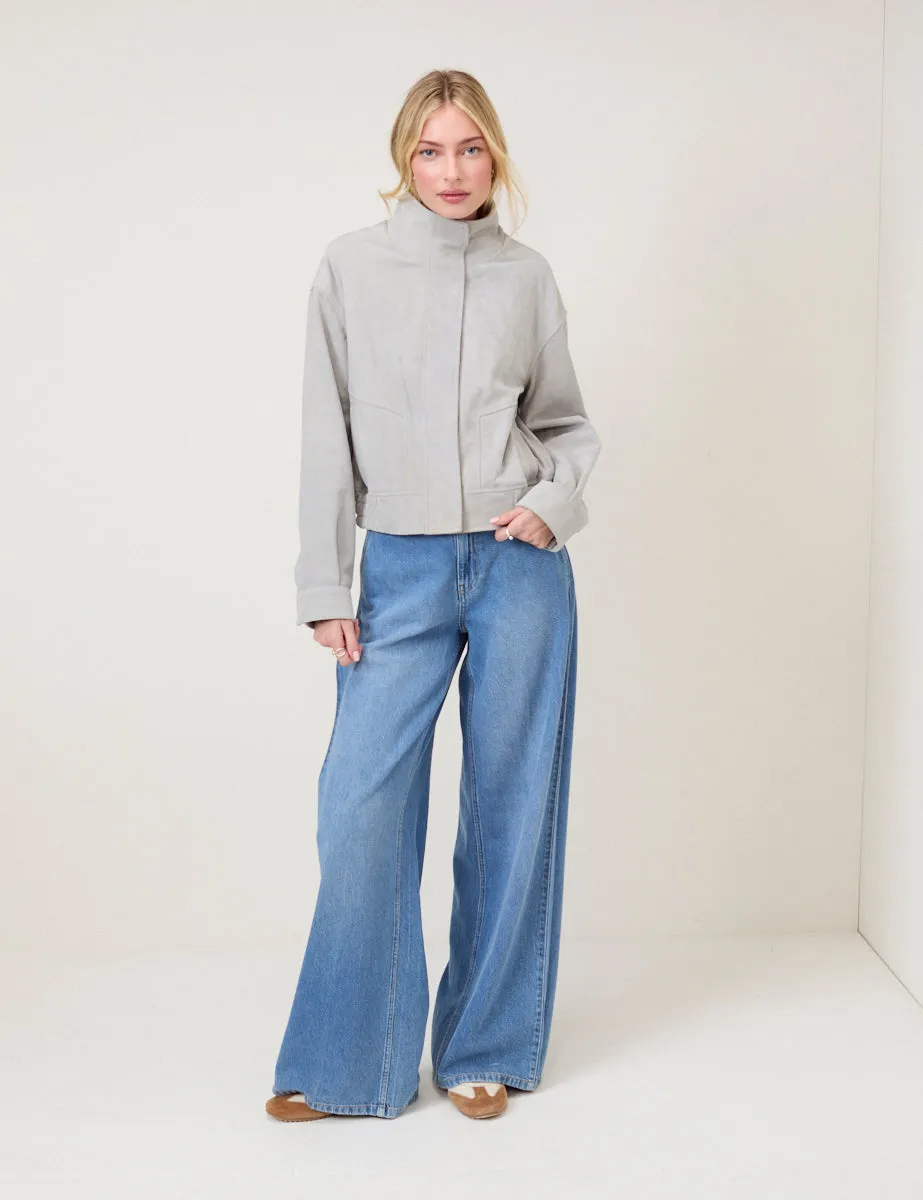 Grey Funnel Neck Suede Bomber sold by Nobody's Child