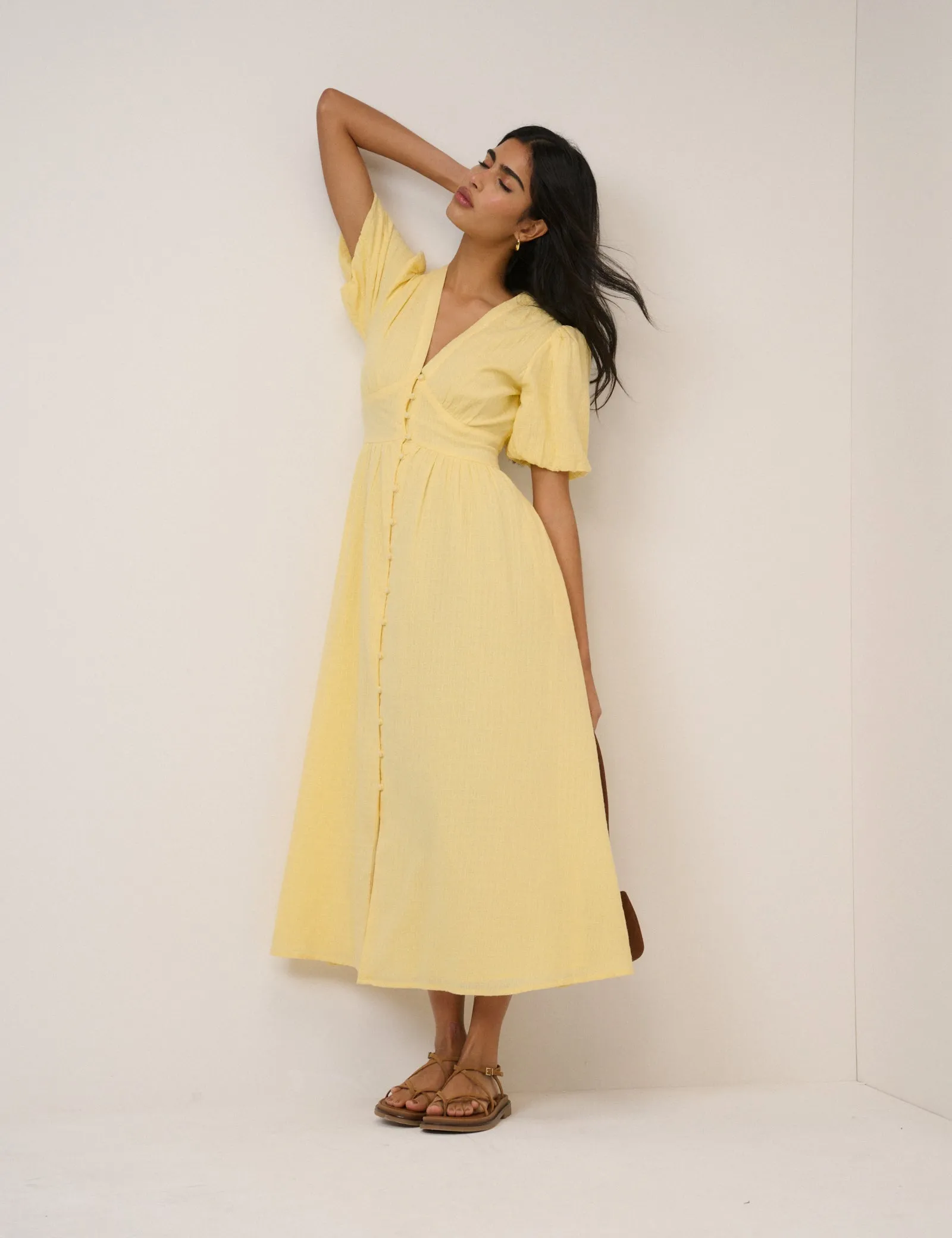 Butter Yellow Short Sleeve Starlight Midi Dress sold by Nobody's Child product image thumbnail 3