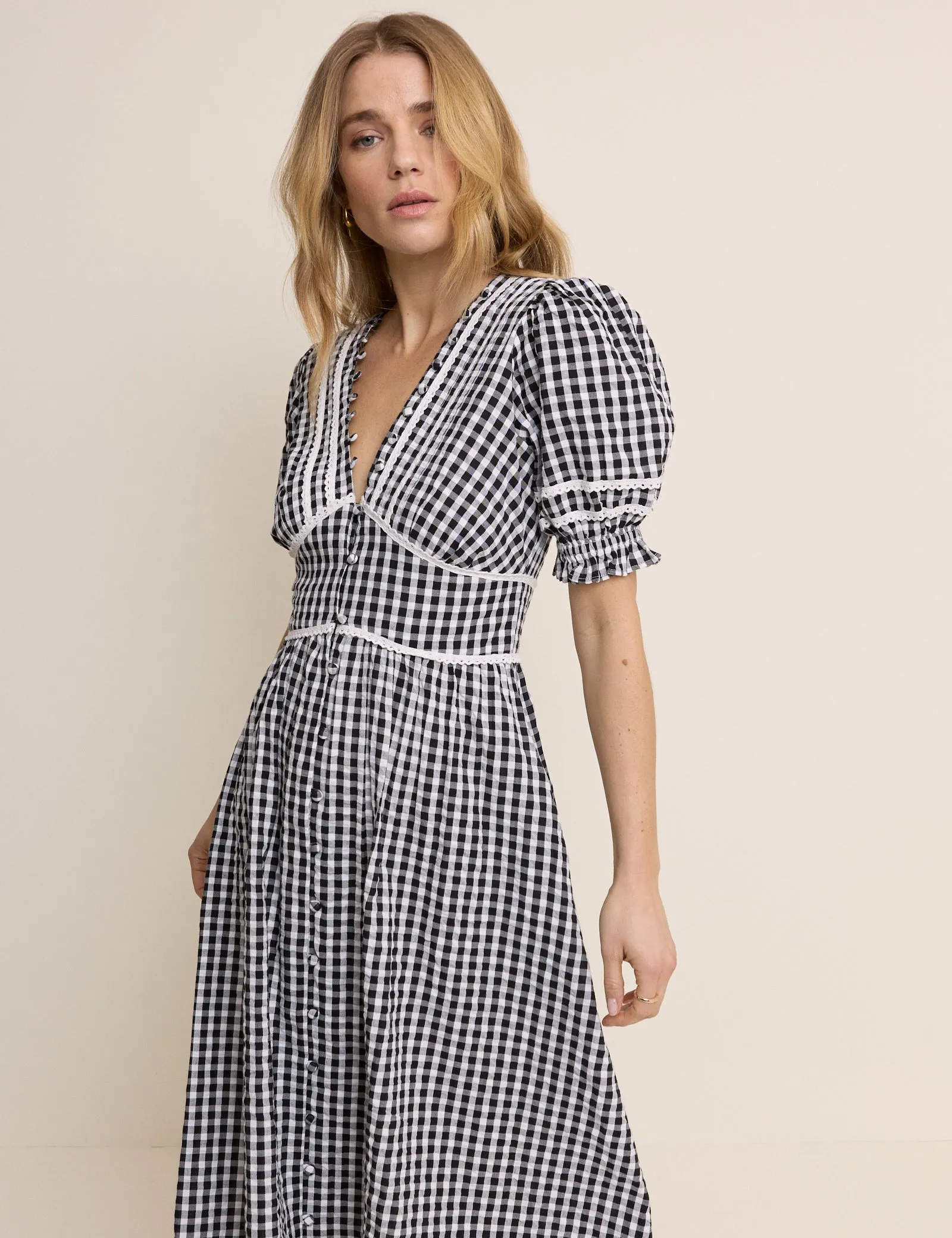 Black Gingham Puff Sleeve Saffy Midi Dress sold by Nobody's Child