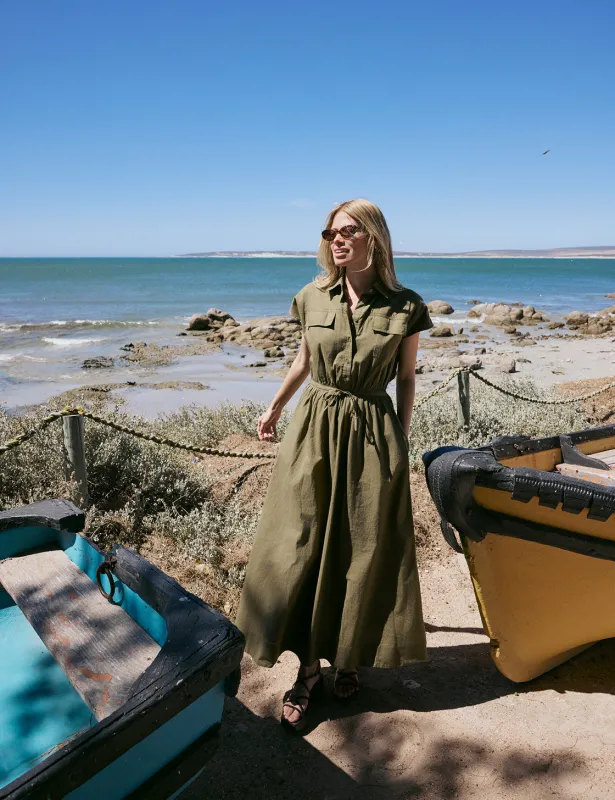 Khaki Mason Shirt Midi Dress sold by Nobody's Child