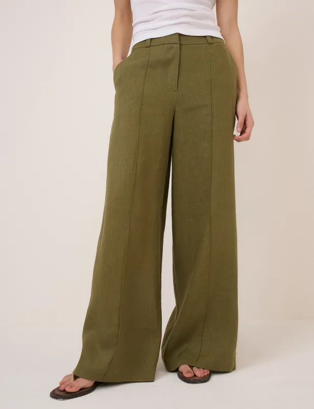 Khaki Linen-Blend Wide Leg Tailored Trousers made by Nobody's Child