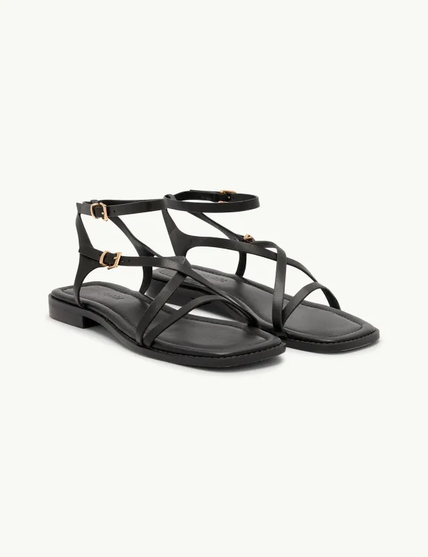 Black Leather Square Toe Strappy Sandals made by Nobody's Child
