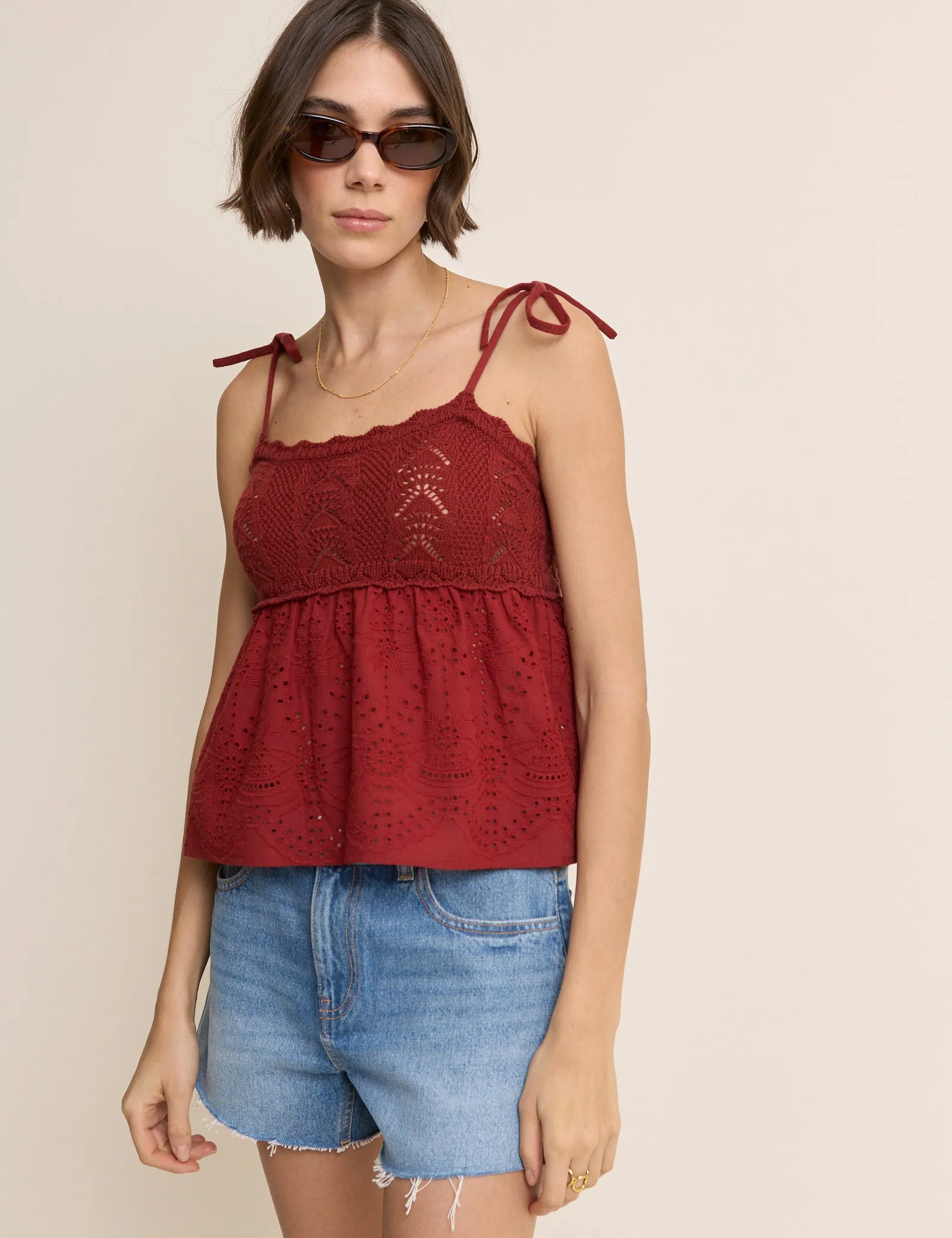 Red Crochet Broderie Anglaise Cami Top sold by Nobody's Child product image thumbnail 3