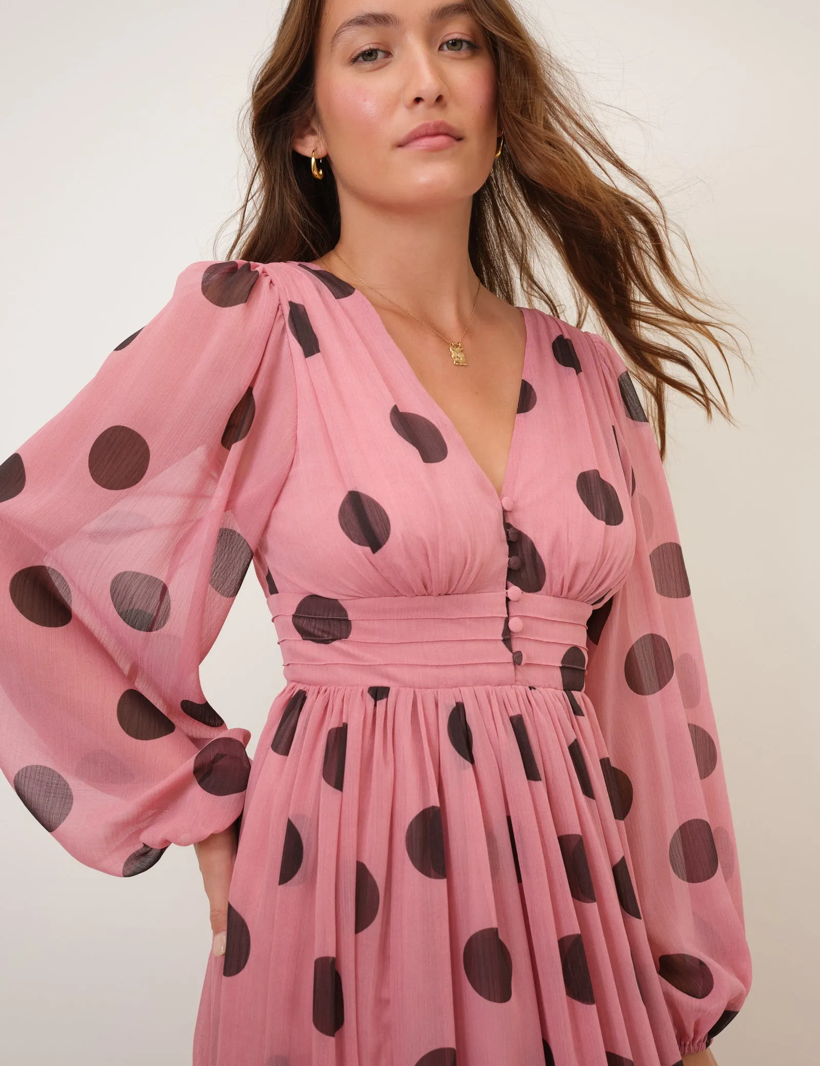 Pink Polka Dot Balloon Sleeve Anya Midi Dress sold by Nobody's Child product image thumbnail 2