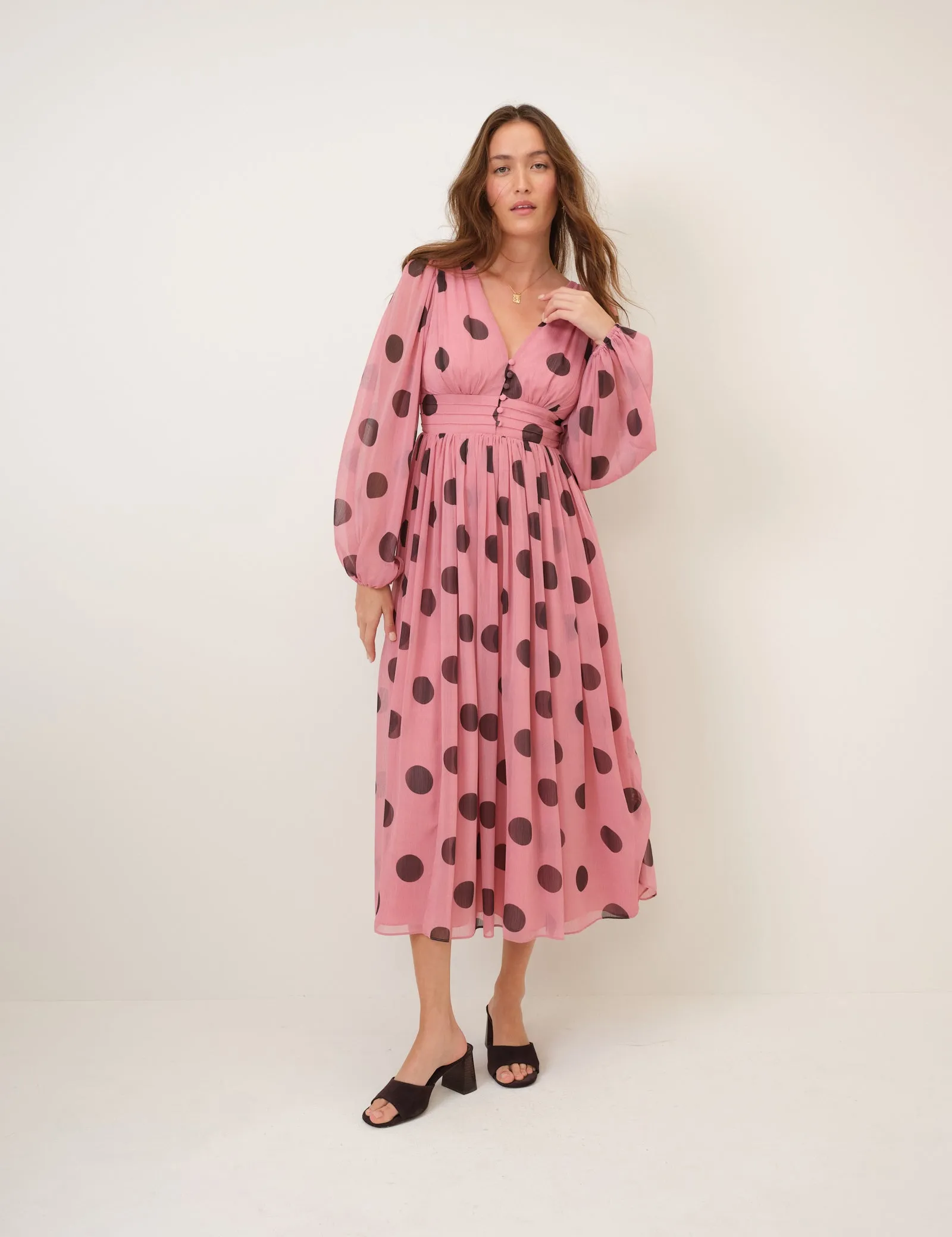 Pink Polka Dot Balloon Sleeve Anya Midi Dress sold by Nobody's Child
