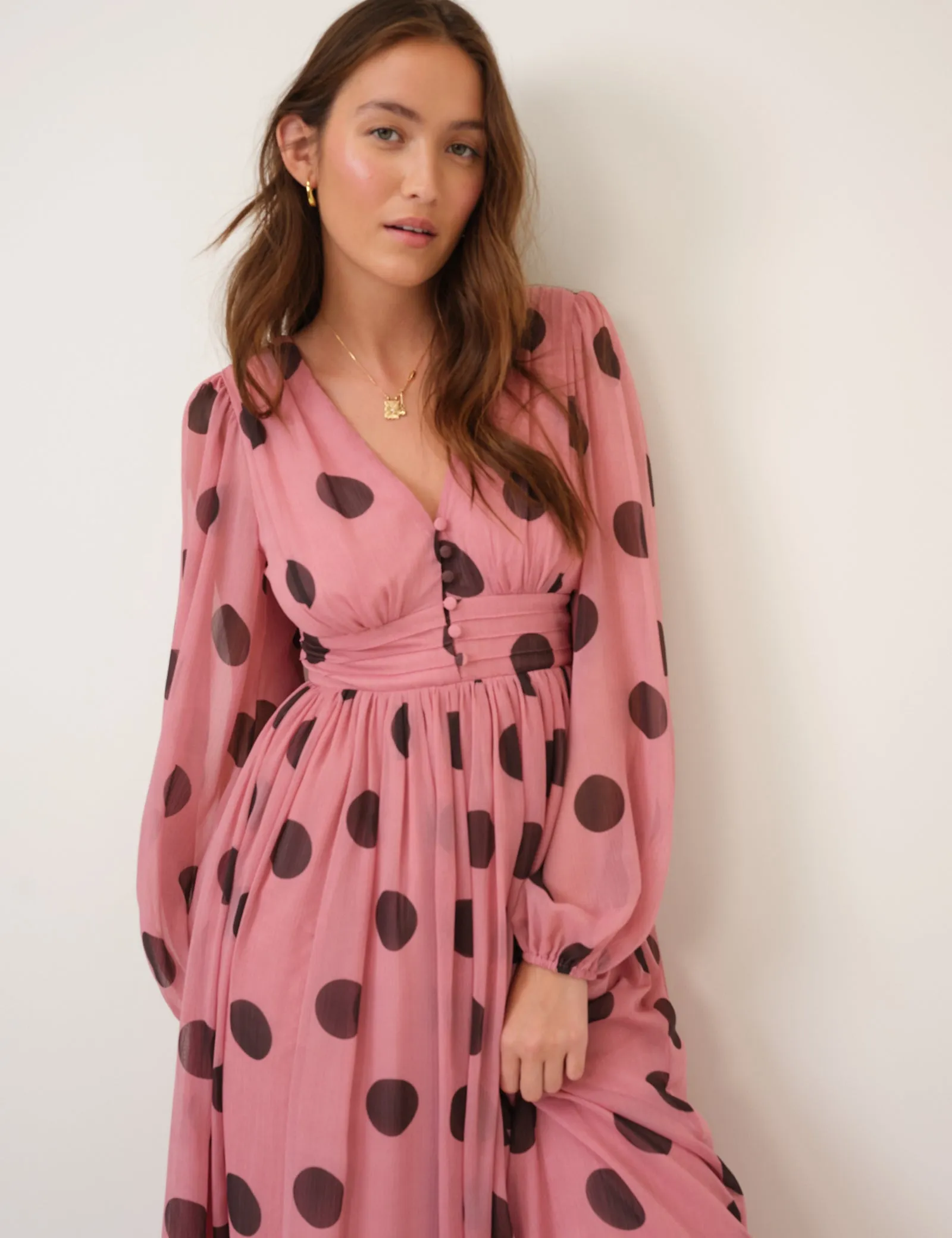 Pink Polka Dot Balloon Sleeve Anya Midi Dress sold by Nobody's Child product image thumbnail 4
