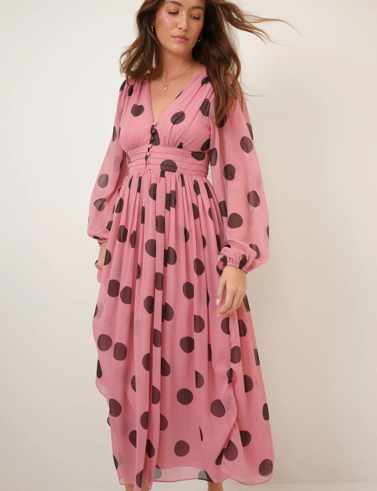 Pink Polka Dot Balloon Sleeve Anya Midi Dress sold by Nobody's Child product image thumbnail 3