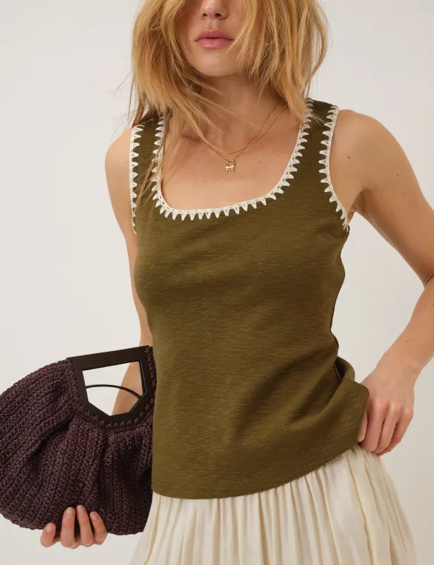 Khaki Crochet Trim Vest sold by Nobody's Child