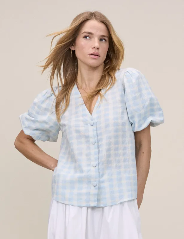 Blue Gingham Puff Sleeve Brooke Top sold by Nobody's Child