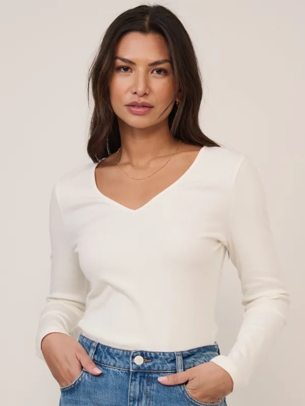 Cream V-Neck Long Sleeve Ribbed Top made by Nobody's Child