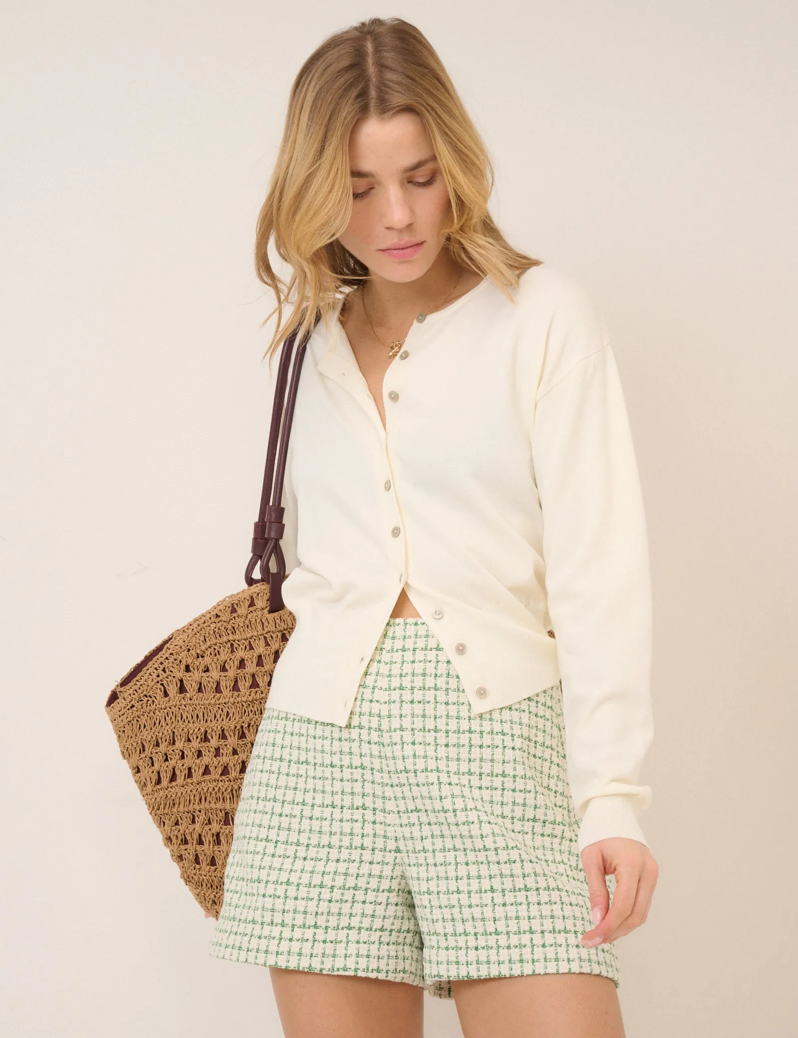 Green Check Boucle Tailored Shorts sold by Nobody's Child