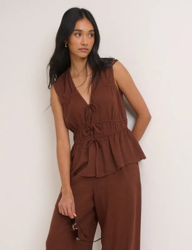 Brown Cordie Ruched Tie Front Linen-Blend Top made by Nobody's Child