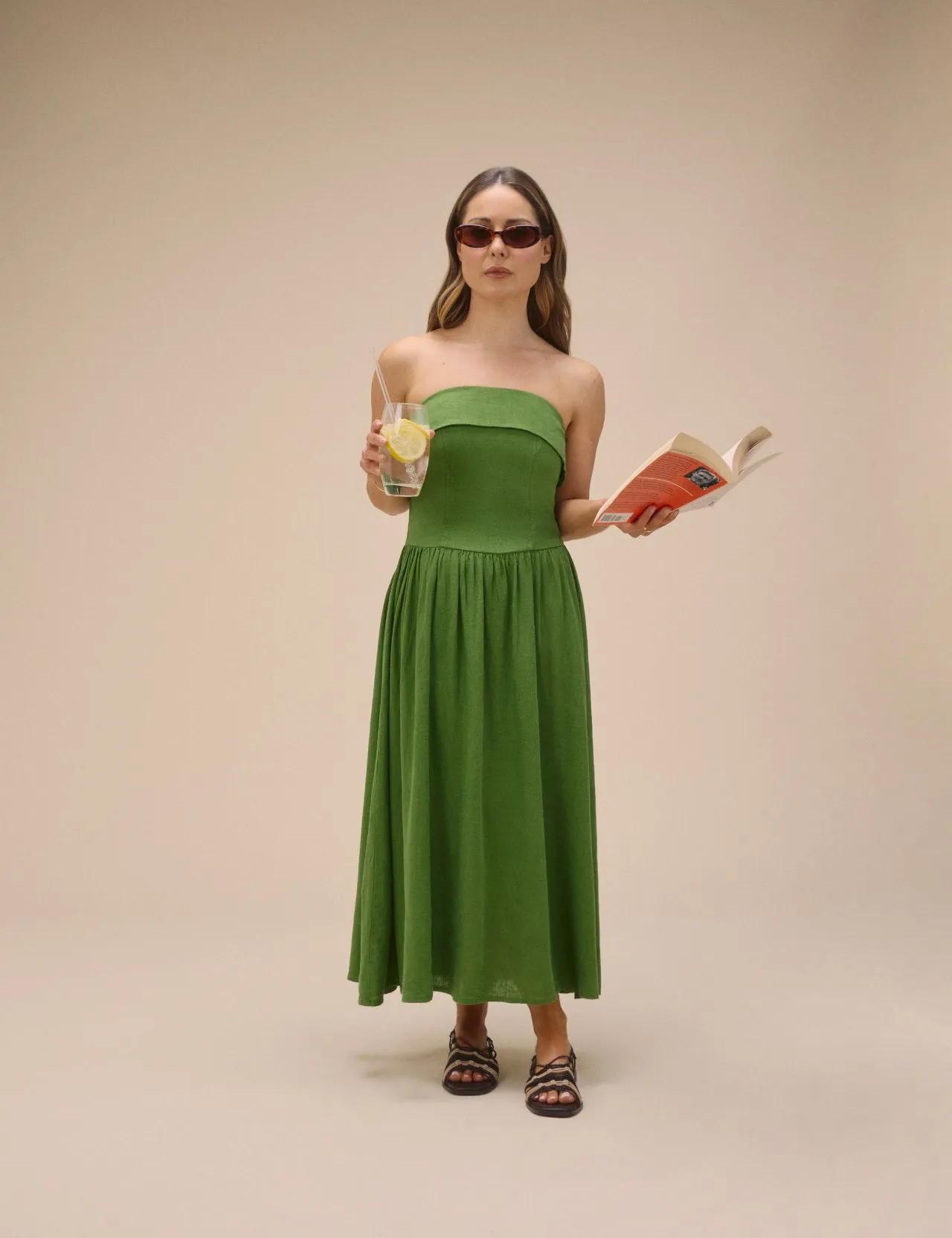 Green Linen-Blend Bandeau Fia Midi Dress sold by Nobody's Child