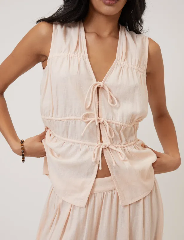 Pink Cordie Ruched Tie Front Linen-Blend Top made by Nobody's Child