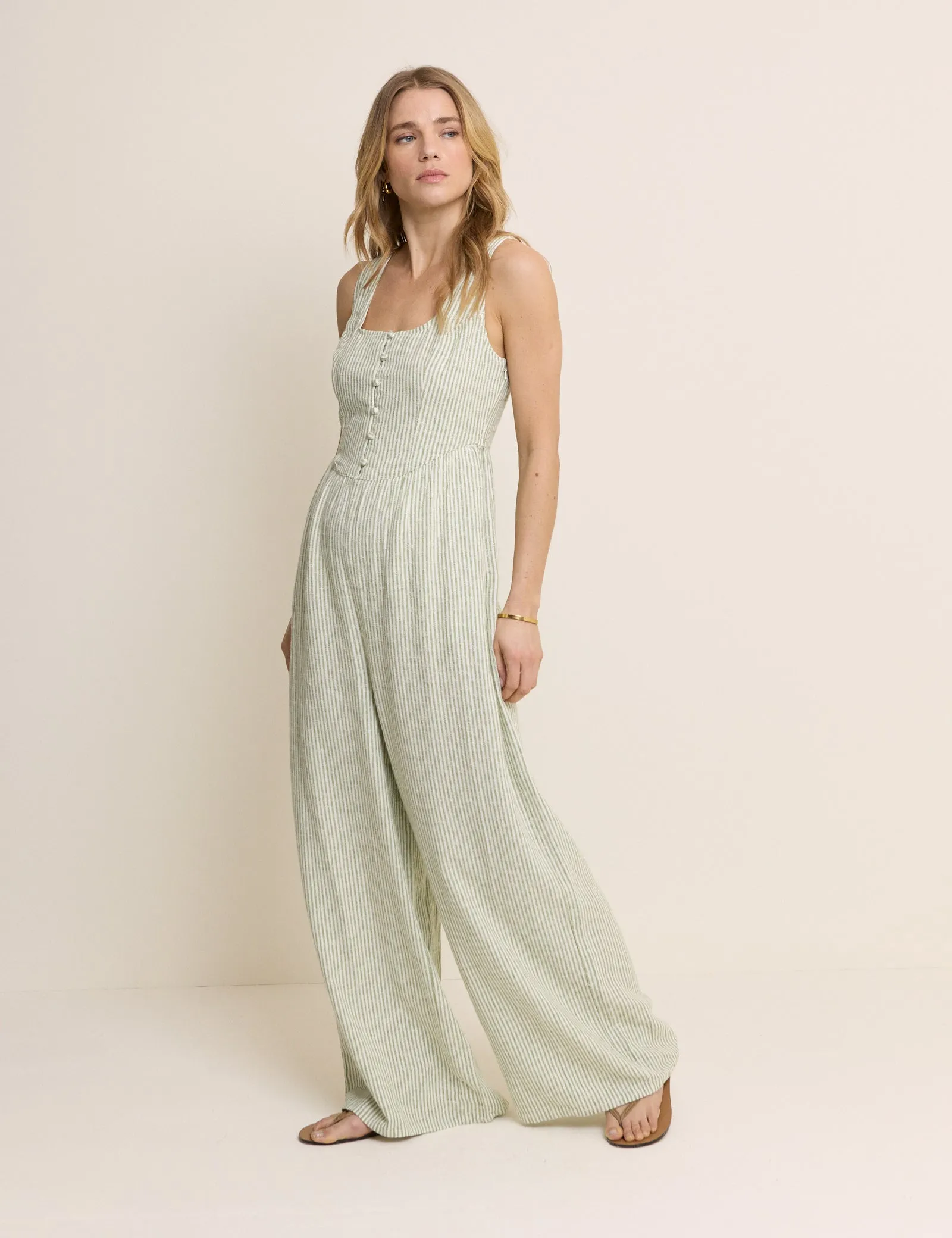Green Pinstriped Linen-Blend Cora Jumpsuit sold by Nobody's Child