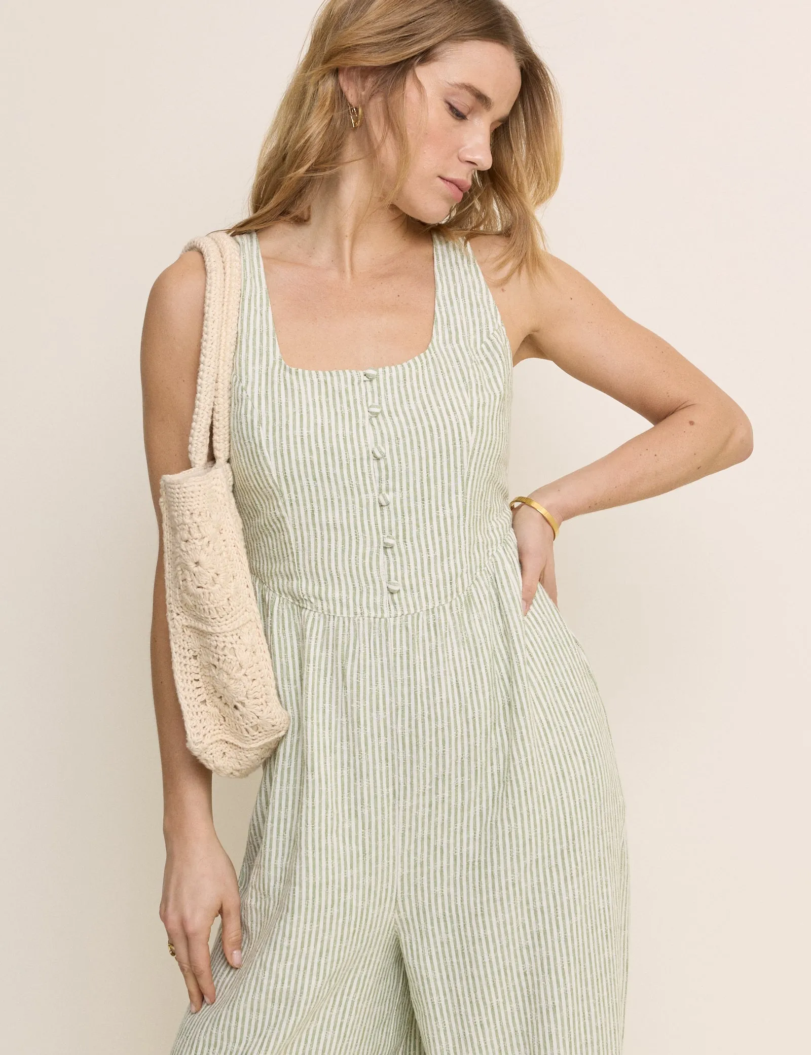 Green Pinstriped Linen-Blend Cora Jumpsuit sold by Nobody's Child product image thumbnail 2