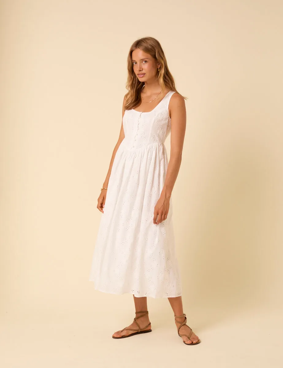White Broderie Anglaise Drop Waist Cora Midi Dress sold by Nobody's Child