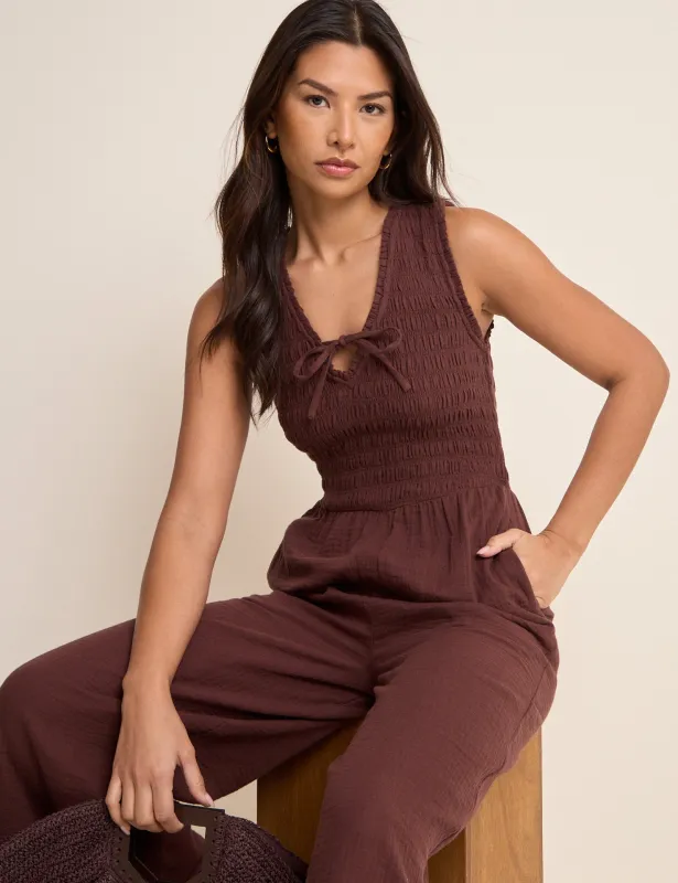 Brown Shirred Jayda Jumpsuit made by Nobody's Child