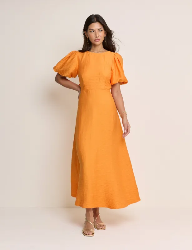 Orange Puff Sleeve Zola Midi Dress made by Nobody's Child