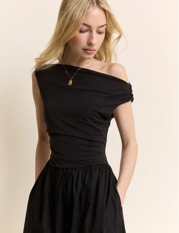 Black Draped Off Shoulder Beth Midi Dress made by Nobody's Child