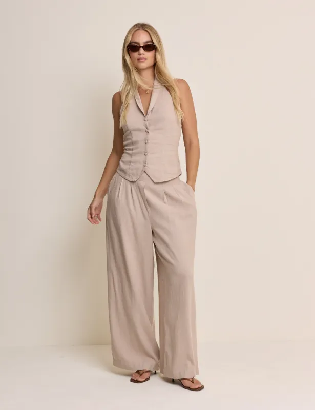 Sand Linen-Blend Silsoe Clean Wide Leg Trousers made by Nobody's Child