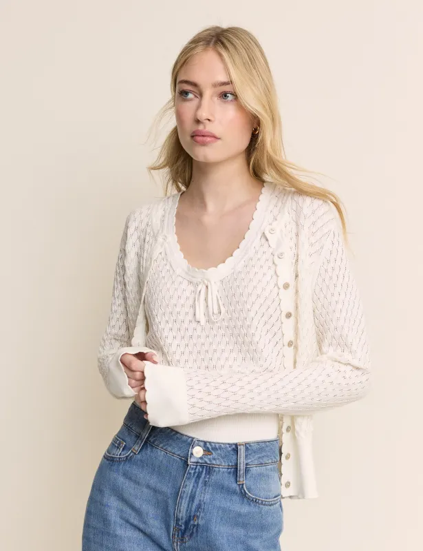 White Pointelle Crew Neck Cardigan made by Nobody's Child
